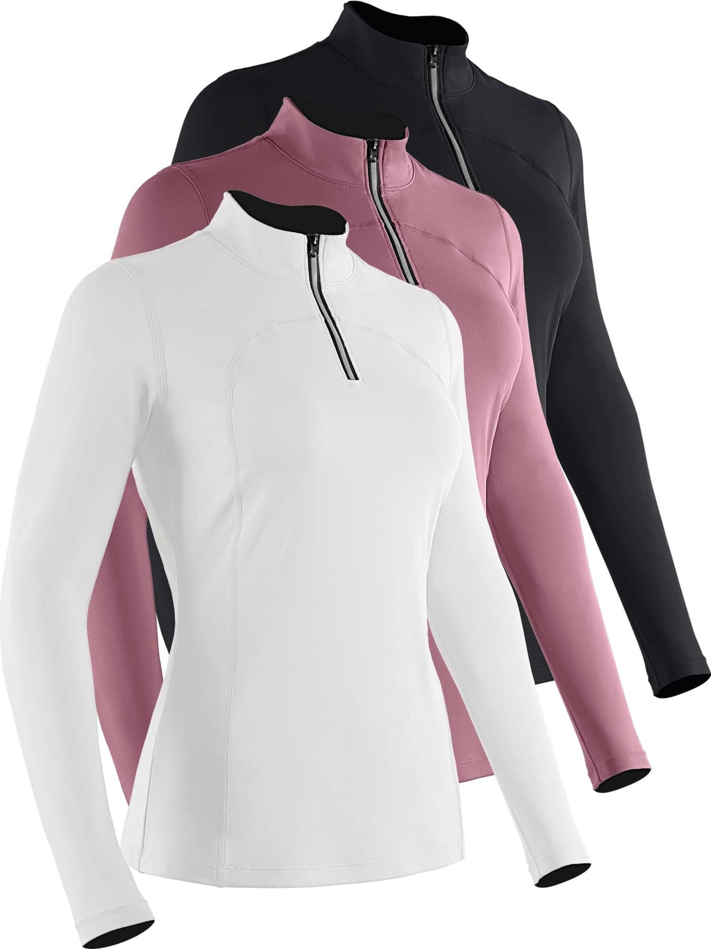 CADMUS Women's Compression Long Sleeve Shirts for Workout Yoga Shirts, 3 Pack, Black & Pink & White, XL