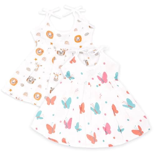 Kidbea Muslin Cotton Sleeveless Frock Clothes for Baby Girl Dresses | Tiger | Butterfly Print | Pack of 2 (0-3 Months)
