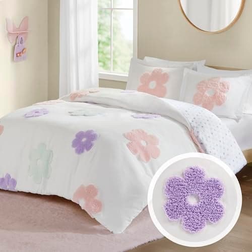 Intelligent Design Kids Full Duvet Cover Set for Girls, Tufted Chenille Floral Duvet Set Queen, Lightweight Polka Dot Reversible Bedding Cover, Gracie, Full/Queen White/Purple 4 Piece