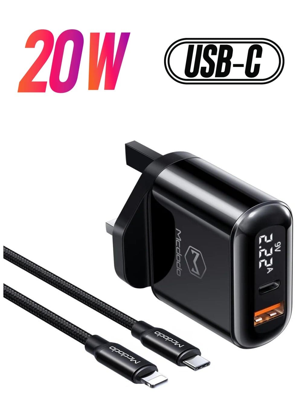 Mcdodo CH7231 20W Fast Charging Dual Port Type-C + USB Wall Charger + Type C to Lightning Cable Set