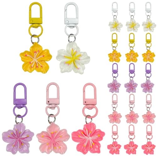 20Pcs Tiny Resin Flower Keychain Bulk Cherry Blossom Aesthetic Keychains Cute Bags Charms Key Chain Pendant for Handbag Purse (20Pcs, 5Colors(Beige, Pink, Rose, Yellow, Purple))