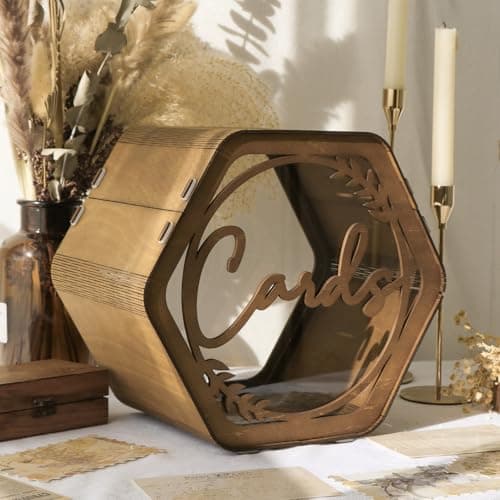 OurWarm Wedding Card Box for Party Hexagon Brown Wedding Card Boxes for Reception Wooden Wedding Box for Cards and Money Rustic Graduation Gift Card Box for Wedding Decor Baby Shower Birthday