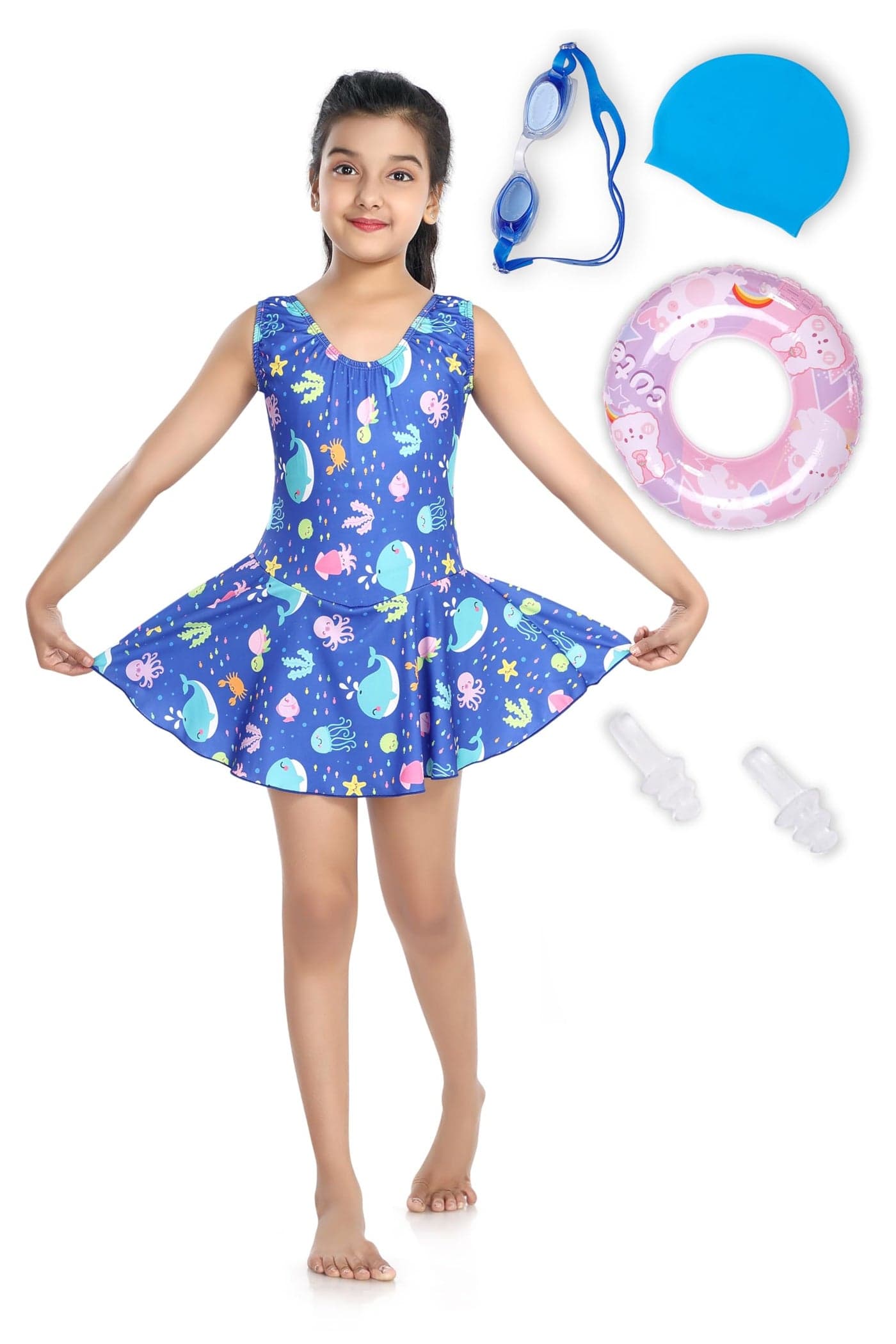 ROVARS Girls Swimming Kit with 1 Swimming Costume, 1 Swimming Goggles, 1 Silicone Swimming Cap & 1 Pair Ear Plugs & 1 Swimming Ring (Royal Blue, 11-12 Years)