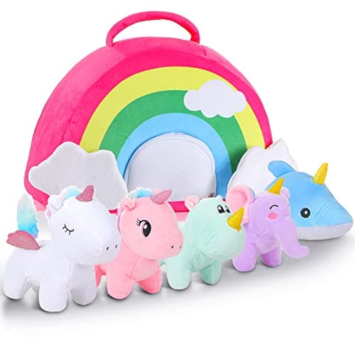 Aoriher 6 Pieces Stuffed Figure Unicorn Animal Set with Rainbow Case Include Unicorns Hippo Elephant Dolphin Gifts for Christmas