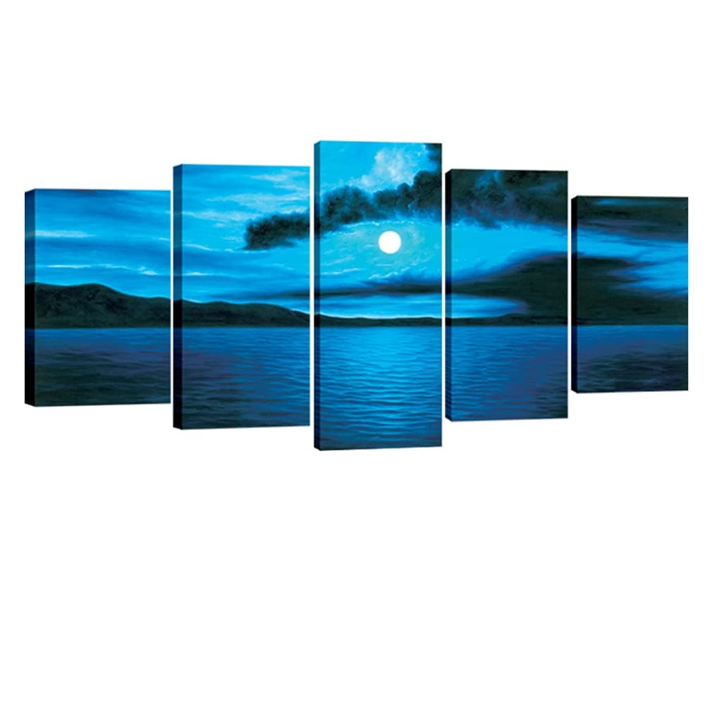 Wieco Art Dark Blue Ocean White Sun Modern 5 Piece Wrapped Giclee Canvas Prints Contemporary Seascape Artwork Beach Pictures Paintings on Canvas Wall Art for Living Room Bedroom Home Decorations