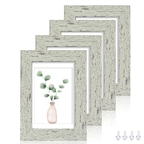 Hongkee 5x7 Picture Frame Set of 4, Made of Real Glass and Sage Green Wooden Frame, 5 by 7 Photo for Wall or Tabletop - Display Picture 4x6 with Mat or 5x7 Without Mat