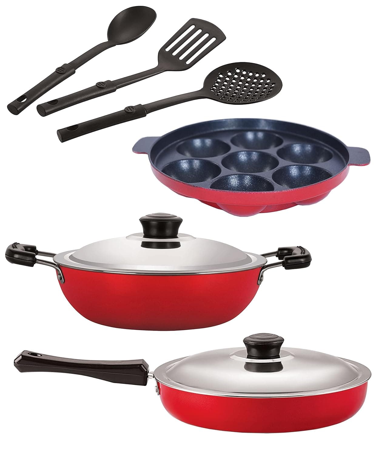 Nirlon Aluminium Nonstick Coated 6 Pcs Set of Deep Kadhai-22cm,Appam-7 Cavity,Fry Pan-24cm & 3 Spoon (2.6mm_DKD(M)_AP(7)_FP12_3SPN)