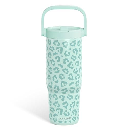 SANDJEST Leopard Skin Stainless Steel Straw Lid Tumbler 30oz with Carry Handle for Women Girls, Insulated Travel Coffee Cup, Gift for Sports Outdoor Workout Christmas Birthday (Mint)