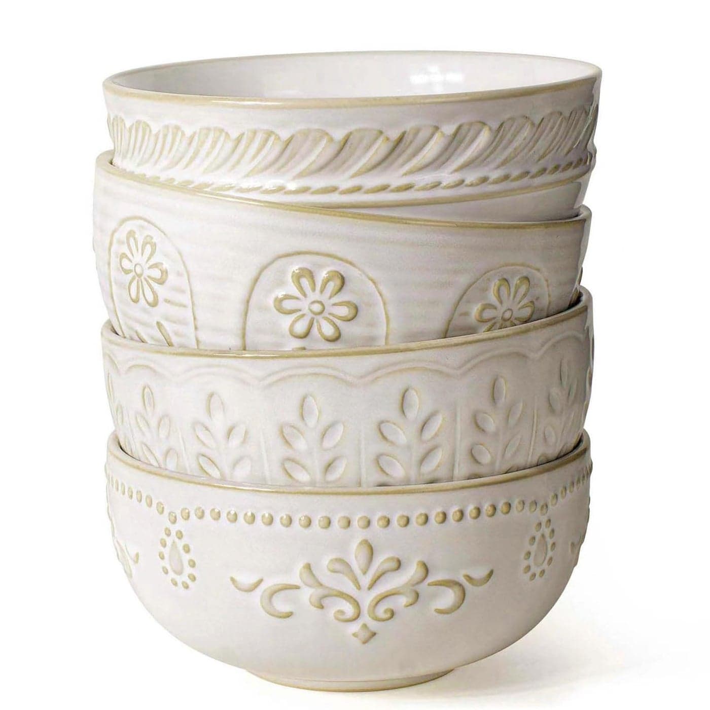 Artena Soup Bowls 32 OZ Cereal Bowls Set of 4 Embossment Ceramic Ramen Bowl 63 Inch White Salad Bowls Large Dinner Bowl for Pho Noodle Pasta Snack Dishwasher Microwave Safe Multiple Patterns