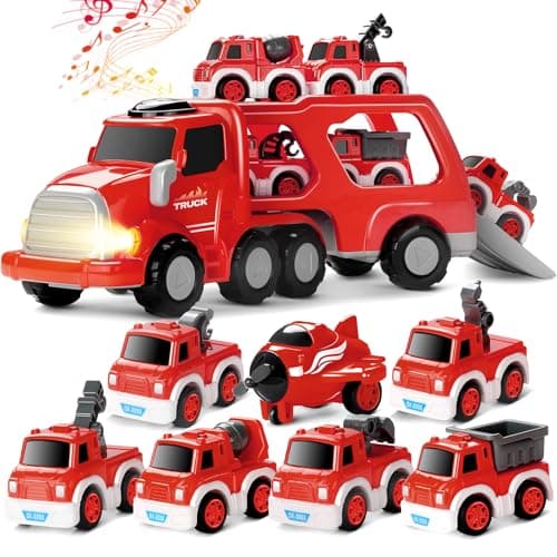 MindPal Fire Truck Toy for 3 4 5 6 7 Years Old Toddler Boys 8in1 Fire Car Carrier Vehicle Set for Boys Age 35 Transport Car with Light Sound Kids Toys Cars Set for Birthday