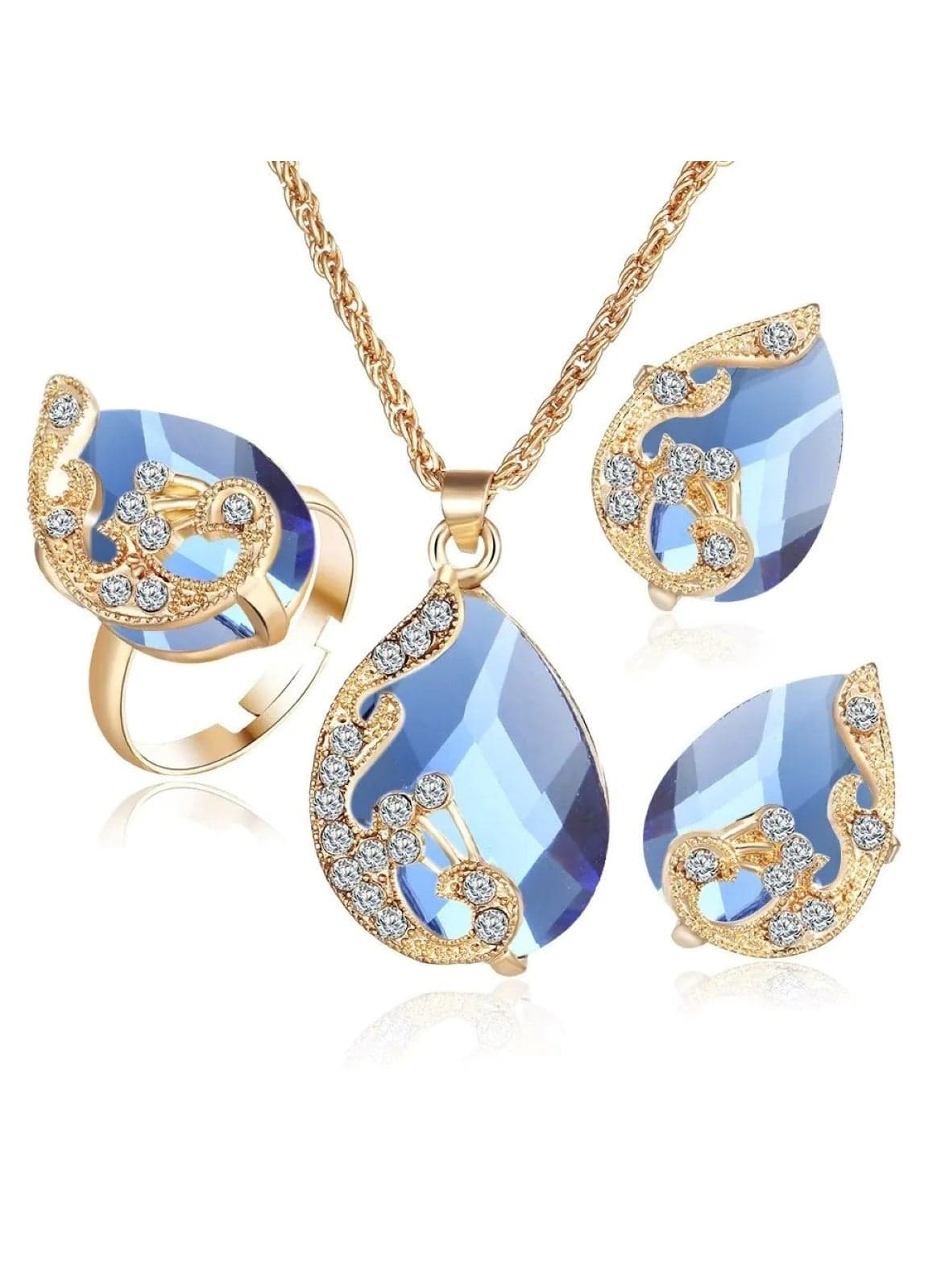 Three-Piece Jewelry Set Pendant Necklace, Earrings, and Ring for Women Blue