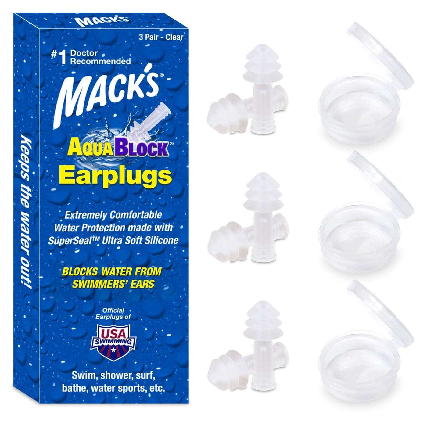 Macks AquaBlock Swimming Earplugs 3 Pair Comfortable Waterproof Reusable Silicone Ear Plugs for Swimming Snorkeling Showering Surfing and Bathing Clear