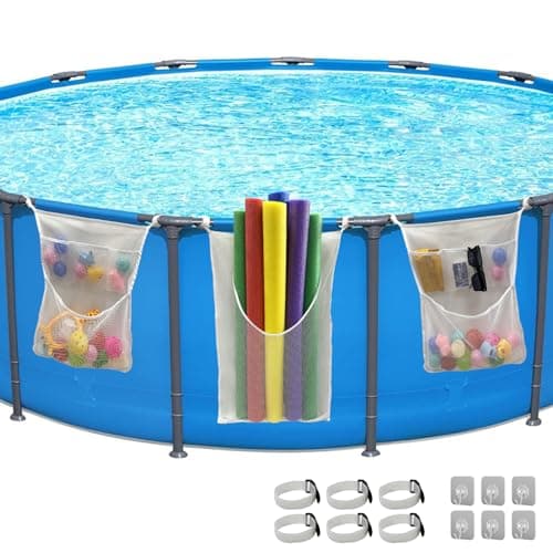 Poolside Pool Float Storage, 3-Pack Mesh Storage Bags with 6 Adhesive Hooks & 6 Velcro Straps - Organize Pool Toys, Noodles, Floats, and Gear - Above Ground Pool Toy Storage, Mesh Swim Bag
