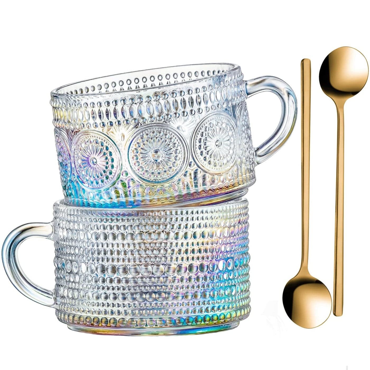Gezzeny Vintage Glass Coffee Mugs 14 Oz Set of 2 Iridescent Embossed Tea CupsGlass Coffee Cups for Cappuccino LatteCereal Yogurt Beverage Christmas Thanksgiving Day Gifts