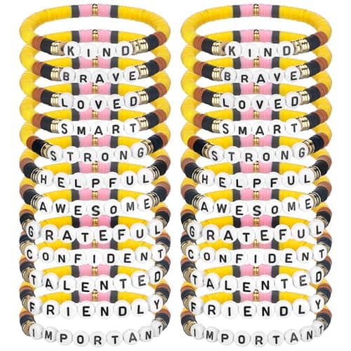 Liliaafar Inspitational Bracelet Gift Bulk for Students End of Year Graduation Gifts from Teacher Motivational Clay Beaded Bracelets Charm Jewelry for PartyYellow Black24 Pcs