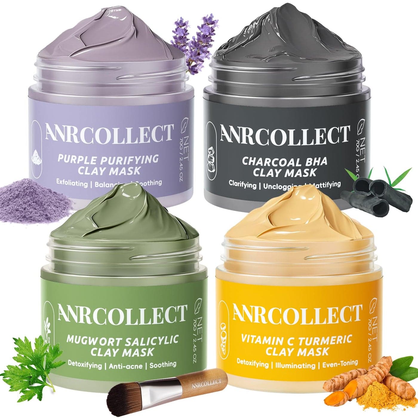 ANRCOLLECT Face Mask Set 4Pcs Clay Mask Face Masks Skin Care with Vitamin C Charcoal Mugwort and Purple Clay Skincare Gift Set for Blackheads Refining Pores Controling Oil Dry Oily Skin