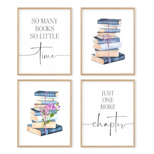 Boat Wades So Many Books Wall Art, Just One More Chapter Poster Set of 4, Funny Wall Decor, Floral Theme for Library, 8x10