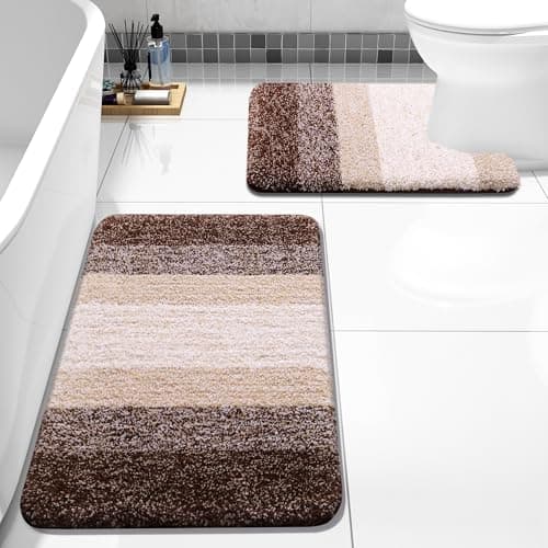 Arotive Bathroom Rugs Sets 2 Piece Soft Absorbent Microfiber Bath Mats and UShaped Contour Toilet Rug NonSlip Machine Washable Dry Bath Mats for Bathroom 24x16 and 24x20 Brown