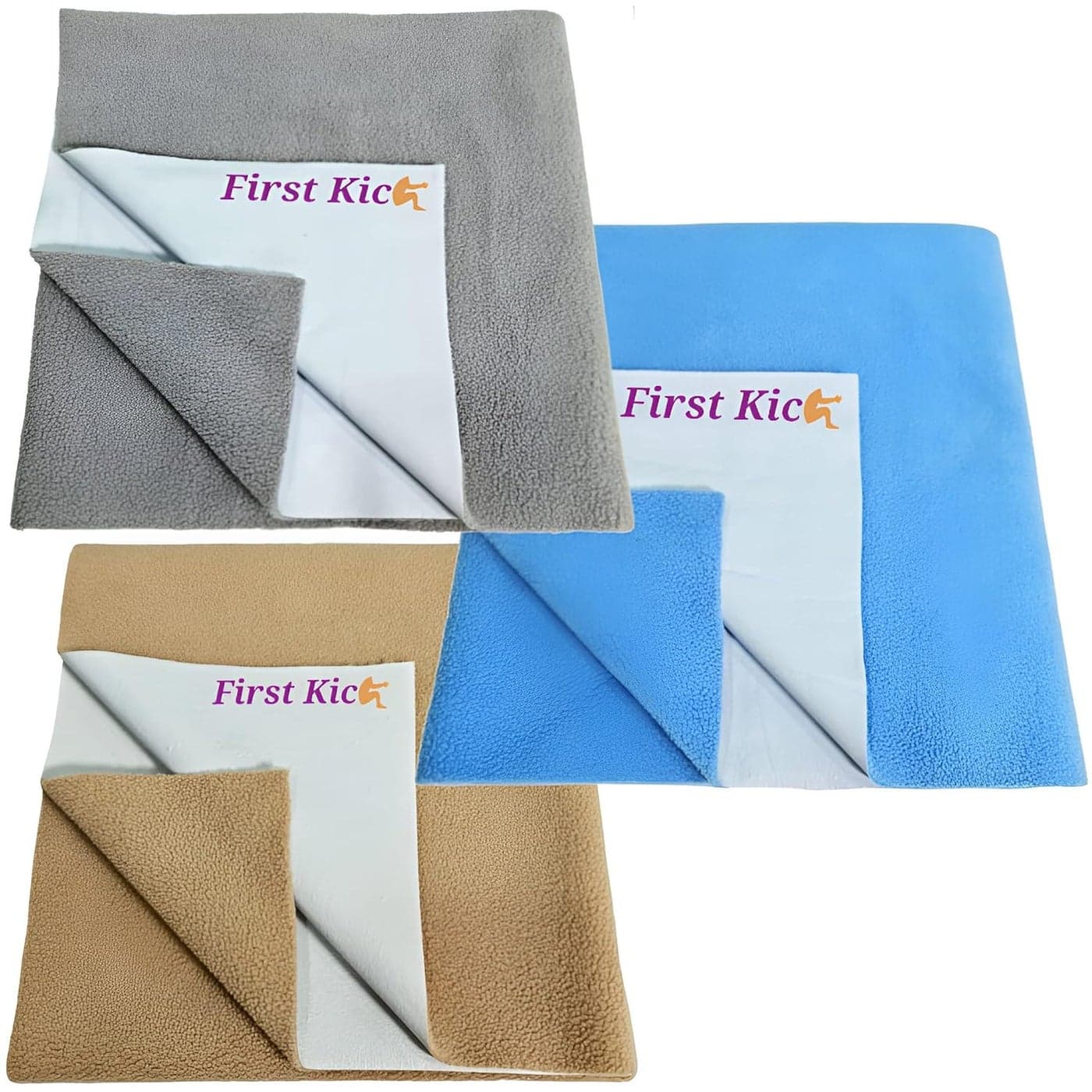 First Kick Waterproof Baby Bed ProtectorMattress Cotton Dry Sheet 100 cm X 70 cm for Born BabyKids BeigeFeroziGrey Medium Pack of 3