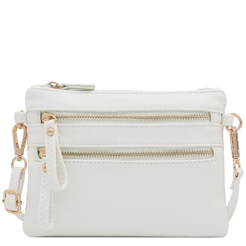 FashionPuzzle Multi Zipper Pocket Small Wristlet Crossbody Bag (White)