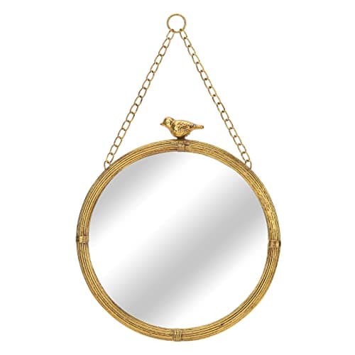 NIKKY HOME 11 Inch Decorative Small Hanging Mirrors Vintage Round Metal Framed Wall Mounted Mirror Decor with Bird for Bathroom Living Room Office, Rustic Gold