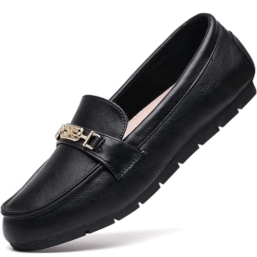 DeYashopin Women's Loafer Shoes Leisure Slip On Work Shoes Comfort Walking Flats Black Leather 10