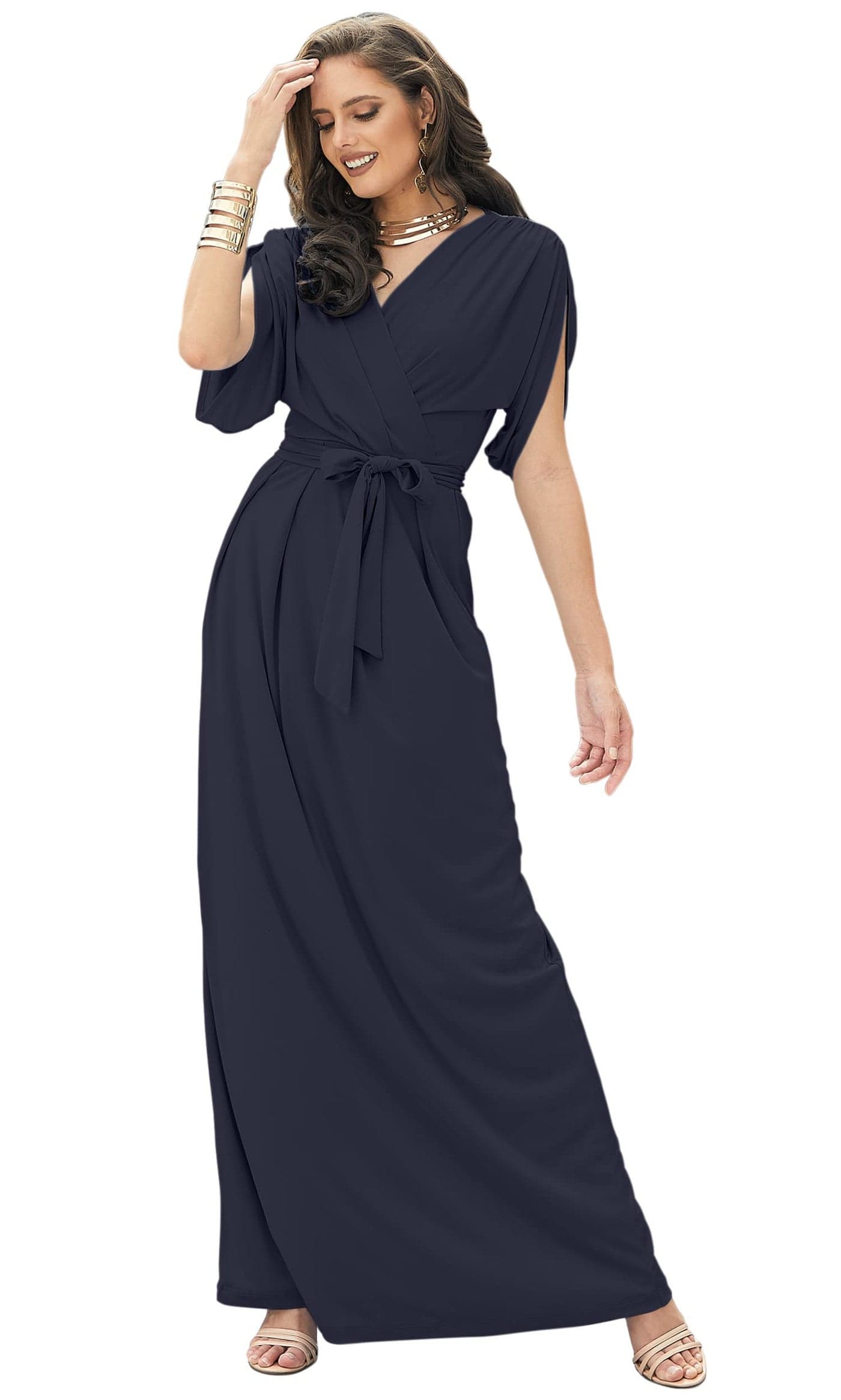 KOH KOH Womens Long Formal Short Sleeve Cocktail Flowy V-Neck Casual Bridesmaid Wedding Party Guest Evening Cute Maternity Work Gown Gowns Maxi Dress Dresses, Dark Navy Blue S 4-6