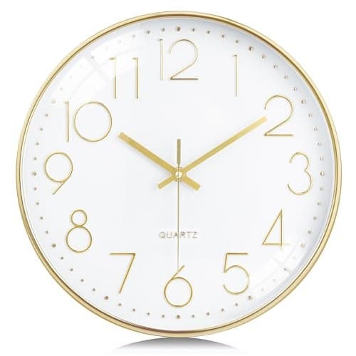 Lafocuse 12 Inch 3D Numbers Silent Gold Wall Clocks Battery Operated Analog Gold Clock for Living Room Decor Reloj de Pared Modern Decorative Kitchen Wall Clock for Bedroom Home Office