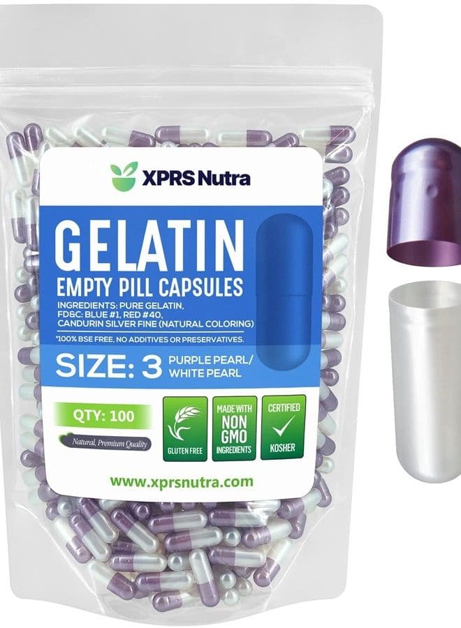 Size 3 Empty Capsules - 100 Count Empty Gelatin Capsules - Empty Pill Capsules - DIY Capsule Filling - Pure Bovine Pill Capsules Empty Gel Caps (Pearl Purple/White)
