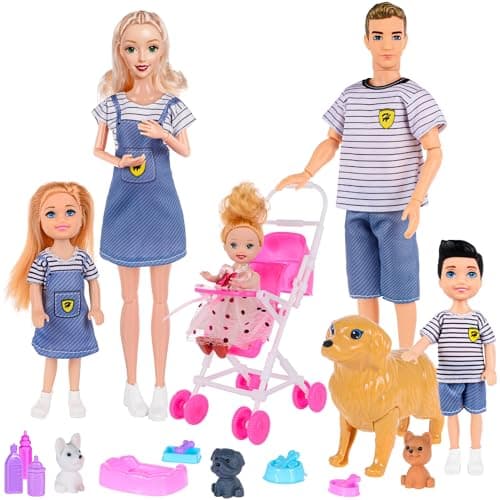 dollbie Dolls Family Playset with Baby Stroller Set 6 People Pets Accessories for 312 Years Old Toddler Gift with Pregnant Mom Dad 3 Kids Dogs and Interactive Play