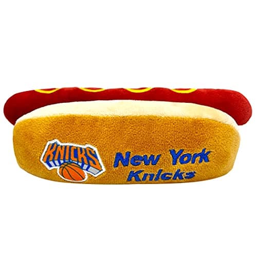 Pets First NBA New York Knicks HOT Dog Plush Dog CAT Squeak Toy Cutest HOTDog Snack Plush Toy for Dogs Cats with Inner Squeaker Beautiful Basketball Team NameLogo 8 x 5 x 3 Inches