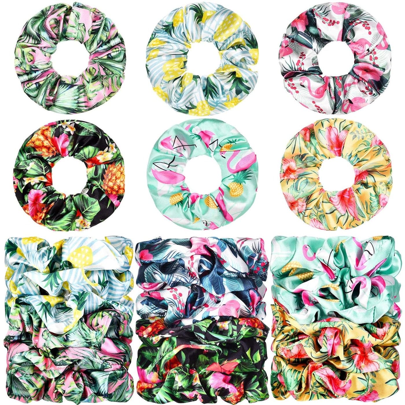 WILLBOND 18 Pcs Tropical Scrunchies for Women Summer Satin Floral Hair Scrunchies Bulk Hawaiian Elastic Ponytail Holders with Prints Like Flamingo Pineapple Palm Leaves Hair Ties Accessories for Girls
