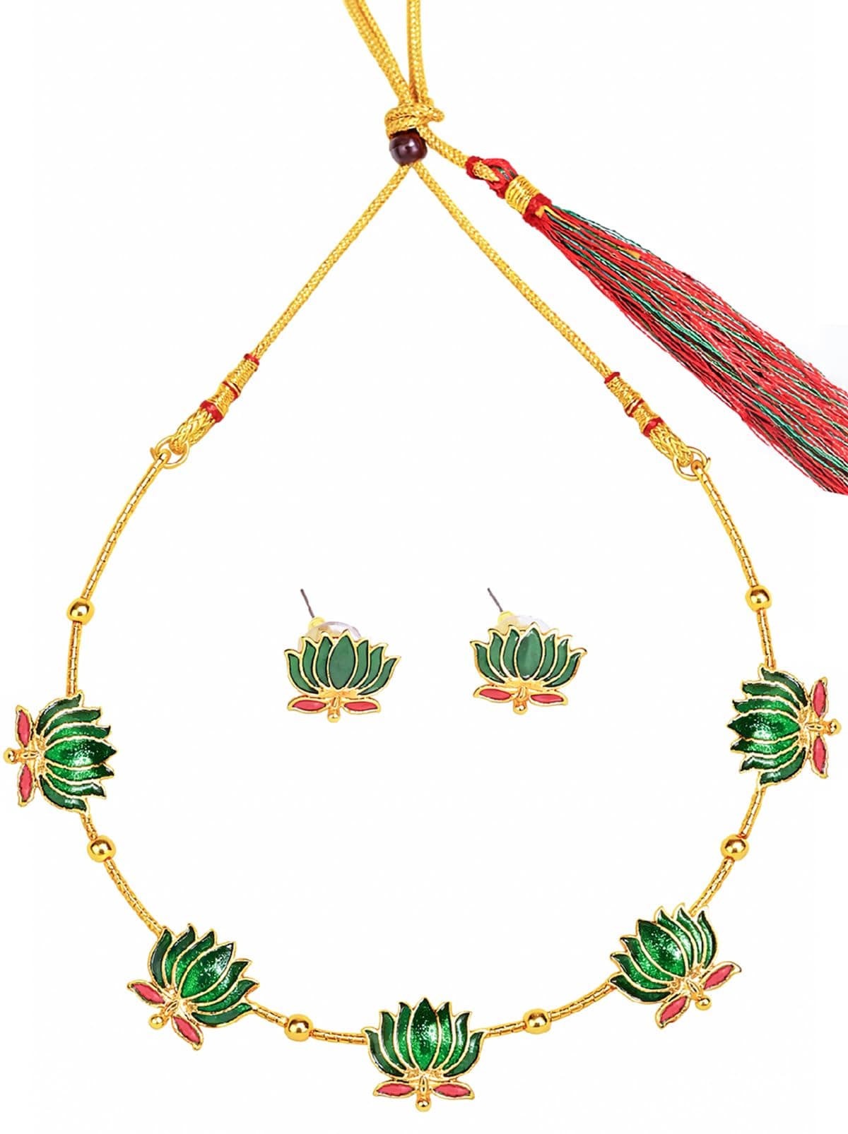 Sukkhi Latest Stylish Temple Lotus Floral Design Gold Plated Green Meenakari Collar Necklace with Studs Earring Jewellery Set for Women|Latest Jewellery for Wedding & Special Occasions|NS116218
