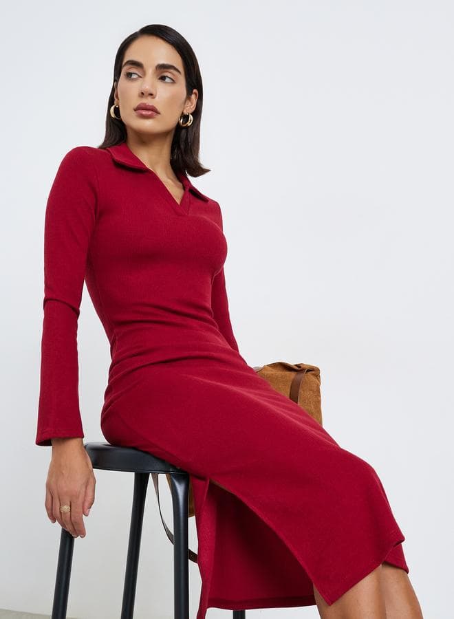 Red Ribbed Midi Dress with Open Collar