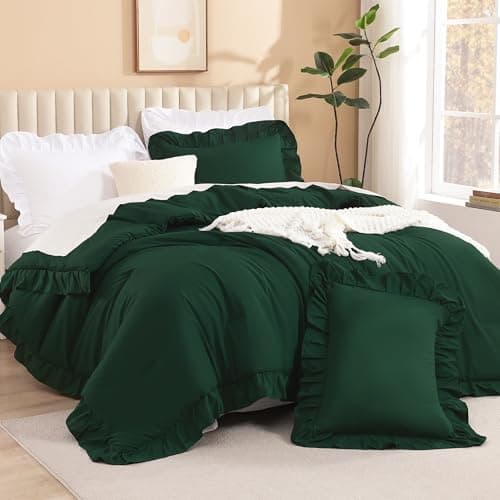 Litanika Dark Emerald Green Full Comforter Set, 3 Pieces Boho Vintage Solid Forest Ruffle Bedding Set, All Season Lightweight Bed Set (79x90In Comforter & 2 Pillowcases)