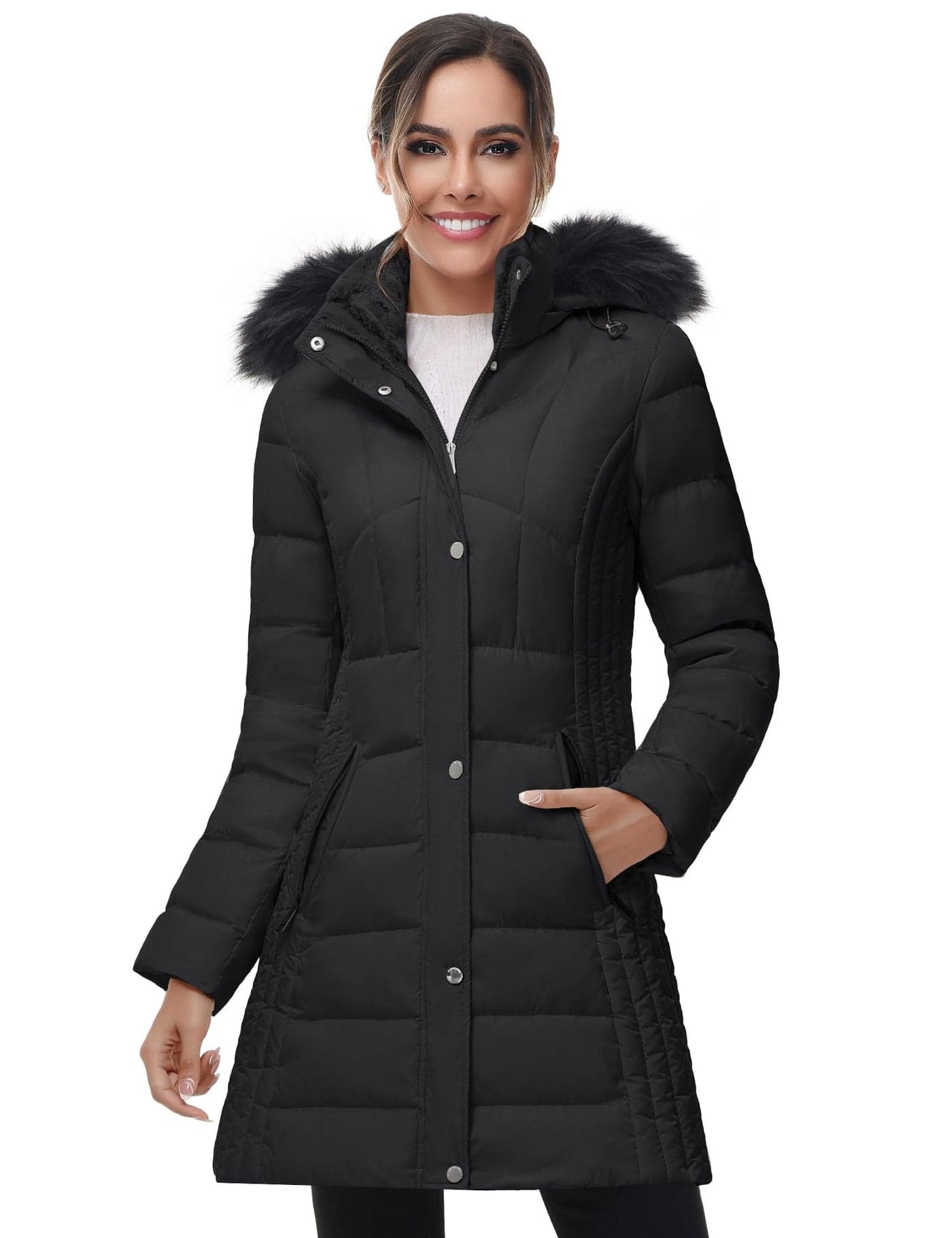 SLOW DOWN Women Winter Down Puffer Coat Warm Hooded MidLength Down Jacket for Women with Faux Fur Trim Hood and Pile Collar Black L