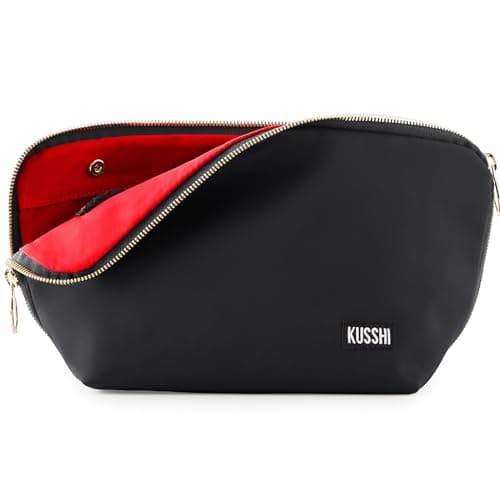 KUSSHI Washable Travel Makeup & Cosmetic Bag - Brush Organizer Sold Separately (Signature, Satin Black/Red)