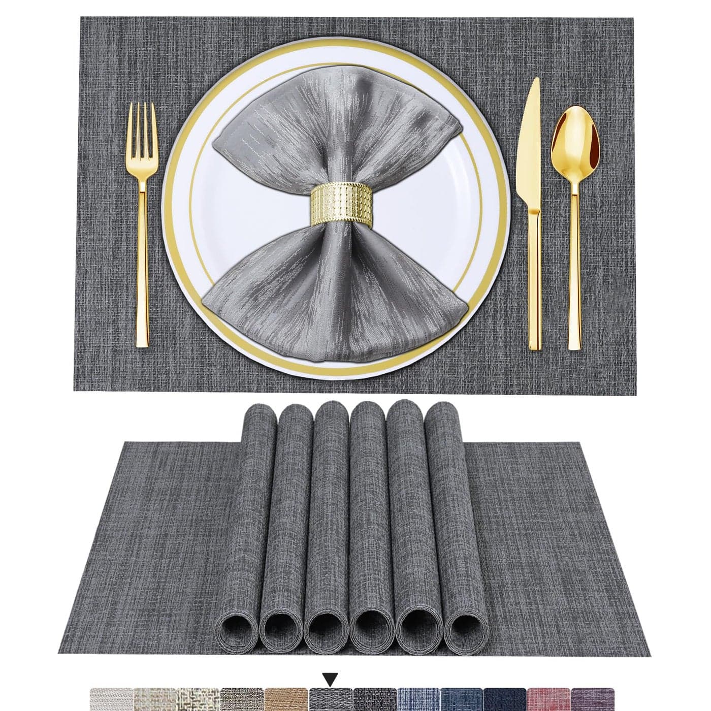 BETEAM Placemats Set of 6 Woven Vinyl Placemat for Dining Table Washable Wipeable Kitchen Place Mats Durable Indoor Outdoor Table Mats 01 Grey 6 Pcs