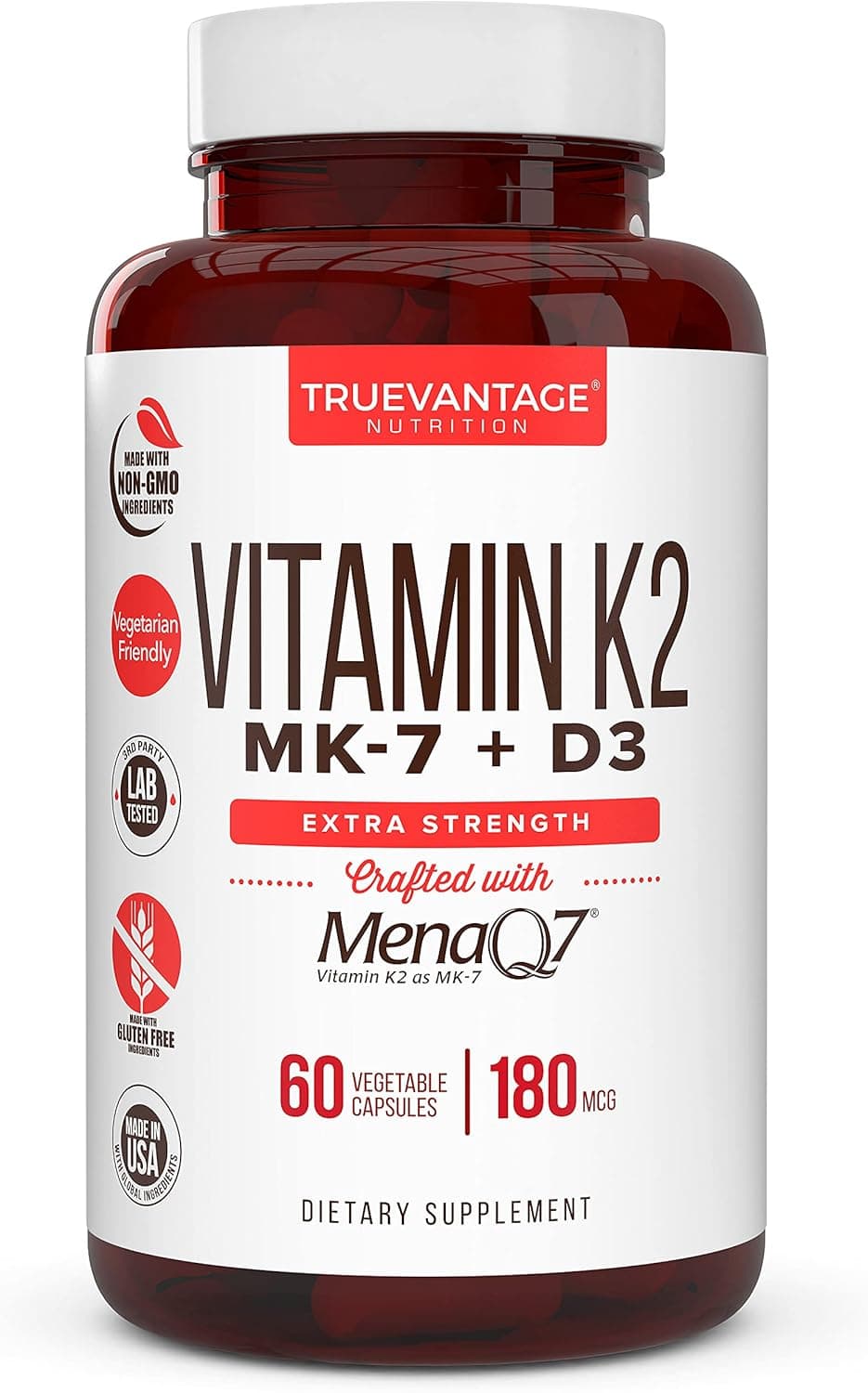 Vitamin K2 D3 Supplement 5000 IU D3 and 180 mcg Vitamin k2 MK7 Supplement for Healthy Bones Healthy Heart Cardiovascular Health60 Easy to Swallow Vegetable caps of MenaQ7 K2 MK7