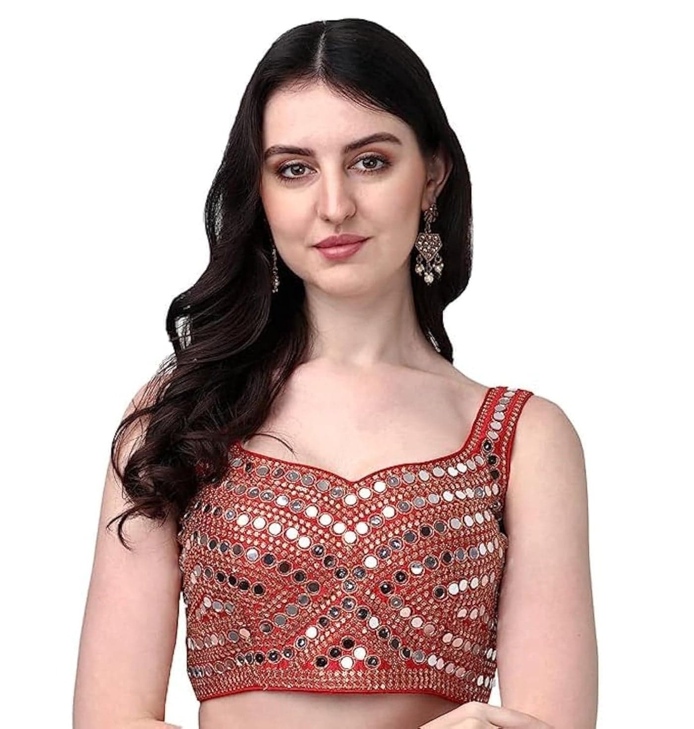 Pujia Mills Women's Multicolor Heavy Phantom Silk Thread Zari And Sequence Work And Real Mirror Hand Work Readymade Saree Blouse (Sleeves Attached Inside) (KANCHI BLOUSE_red_38 Size+ Margin)