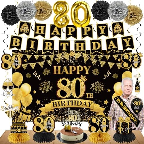 Eucutur 42PCS 80th Birthday Decoration Kit for Men Women, Black Gold Happy 80th Bday Banner Balloons Honeycomb Centerpiece Swirl Paper Pompoms Party Supplies, 80 Bday Sash Table Cake Topper Swirls Set