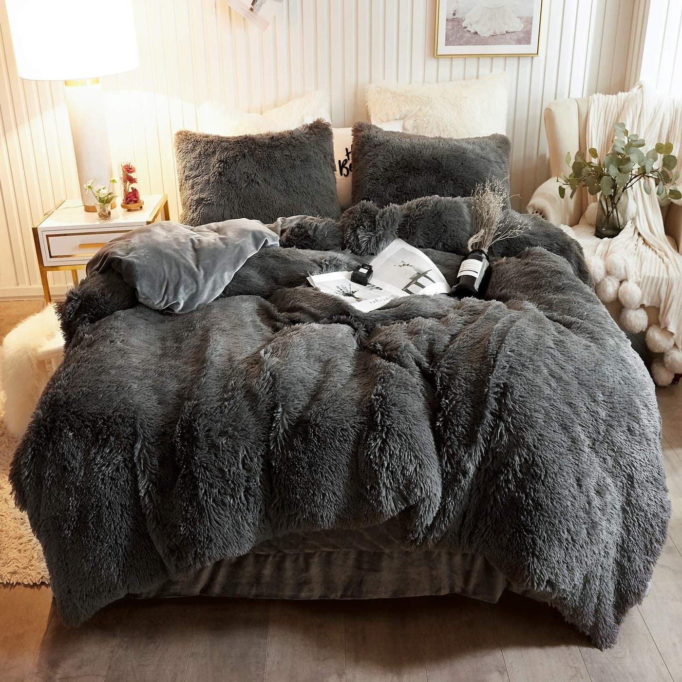 XeGe Plush Shaggy Duvet Cover Set Luxury Ultra Soft Crystal Velvet Fluffy Bedding Sets 3 Pieces1 Furry Faux Fur Comforter Cover 2 Fuzzy Faux Fur Pillowcases Zipper ClosureQueen Dark Gray