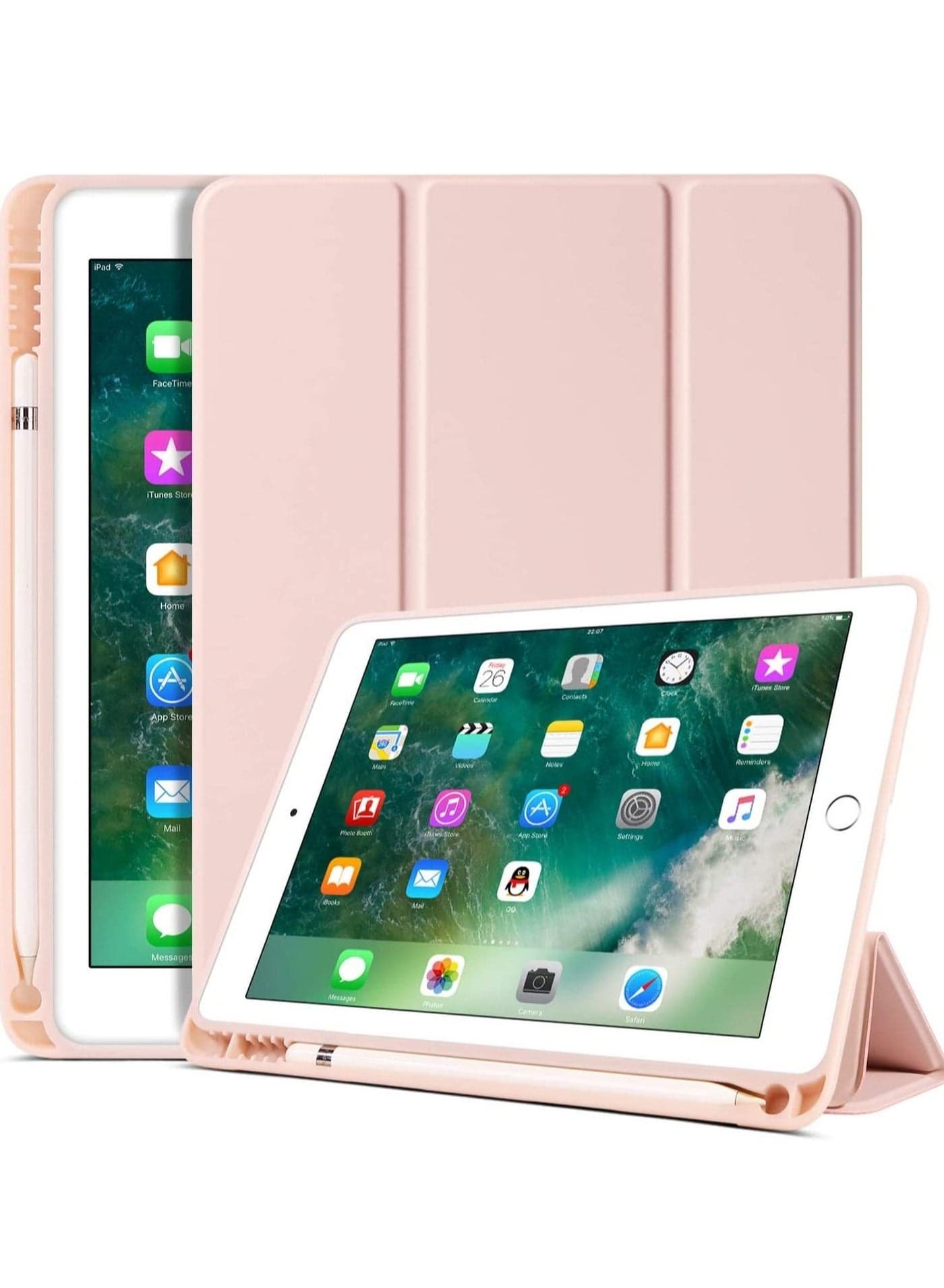 iPad 6th Generation Case, iPad 5th Generation Case with Pencil Holder, Premium Folio Folding Stand Smart Auto Wake/Sleep Protective Tablet Case Cover for Apple iPad 9.7 Inch 2018 / 2017, Pink