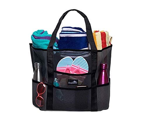 Dejaroo Mesh Sand Free Bag Strong Lightweight Tote For Beach Vacation Essentials Tons of Storage with 8 Pockets Foldable 17x9x15 inches Black with Black Straps
