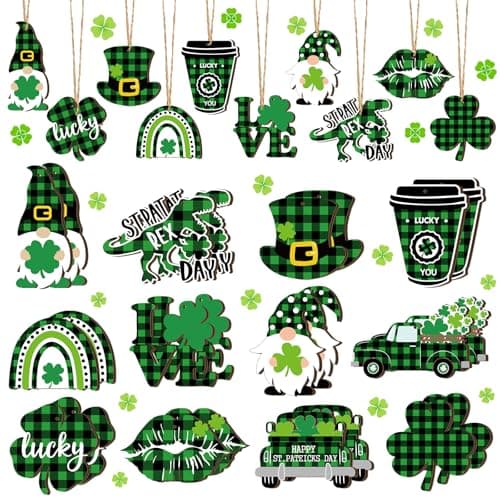 24 Pieces St Patricks Day Ornaments Wood Gnome St. Patricks Day Decorations Hanging Irish Ornaments Wooden Tree Decor Mini St Patricks Day Hanging Sign for Tree Door Fireplace Party Supplies