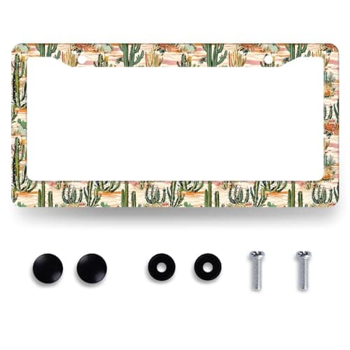 Colorful Cactus Pattern License Plate Frame Tropical Cactus License Plate Holders Funny Stainless Steel Car Bracket 2 Holes with Screws Universal Auto Accessory License Plate Frames 62x122 Inch