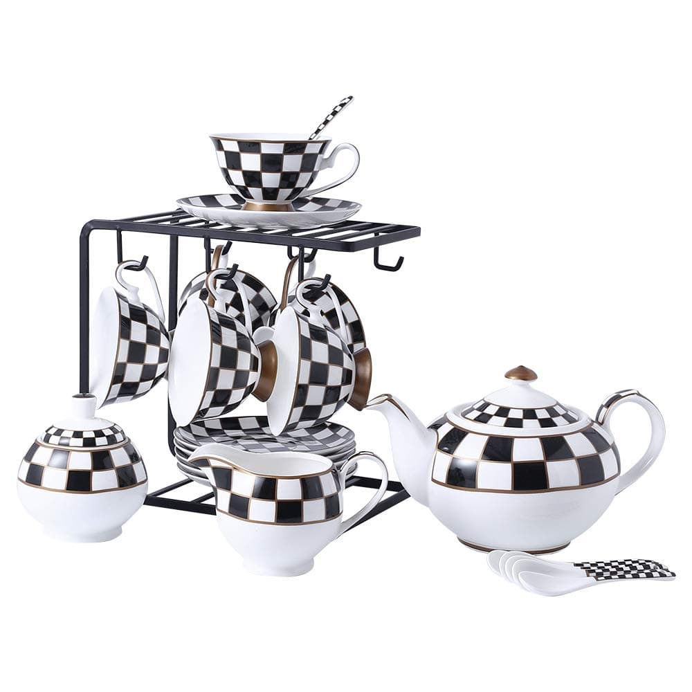 Porlien Checker Pattern 17Piece Tea Set for 6 with Teapot 5ounce Teacups and Saucers Milk Jug Sugar BowlWithout Rack