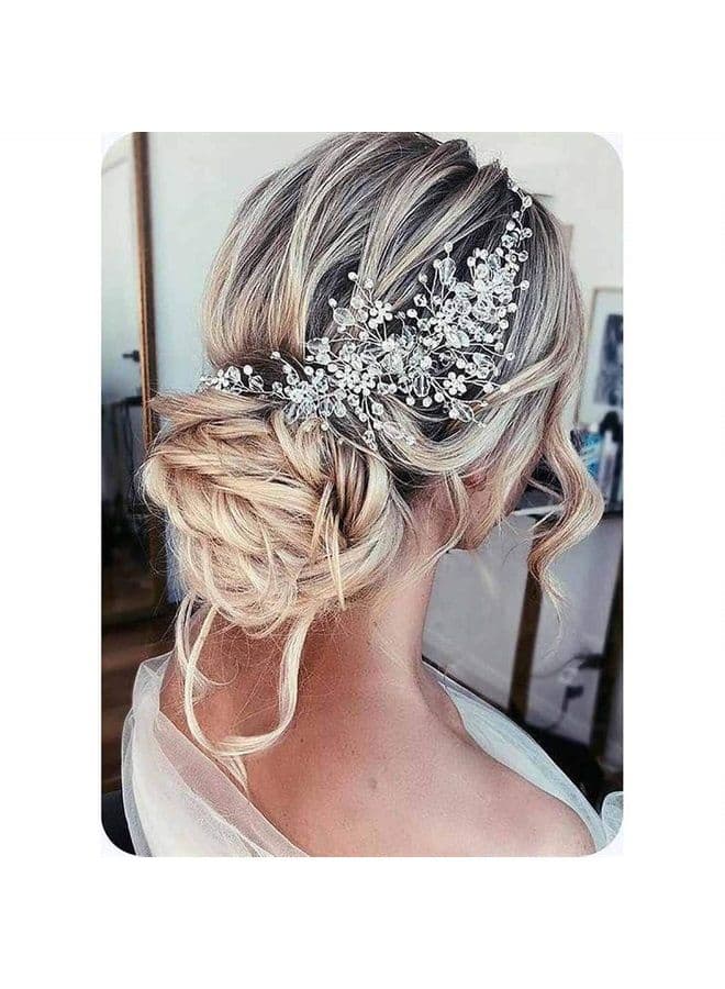 Flower Bride Wedding Headband Silver Crystal Pearl Hair Vine Braid Headpiece Bridal Hair Accessories for Women (Silver)