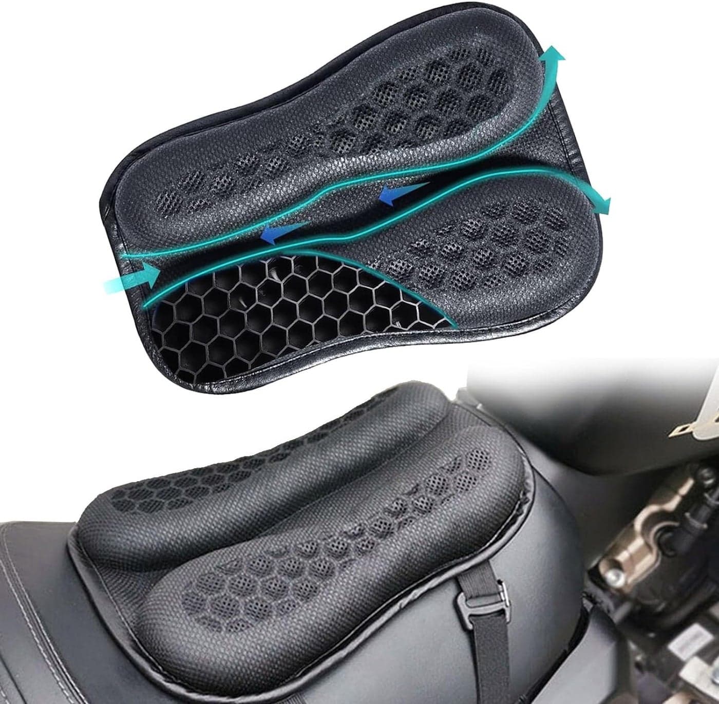 Motocycle Seat Cushion, Detachable Cycle Seat Cover Gel Pad, High Density Gel 3D Honeycomb Structure Shock Absorption & Breathable Motorcycle Seat Pad for Long Rides, Universal Motorcycle Seat Pad