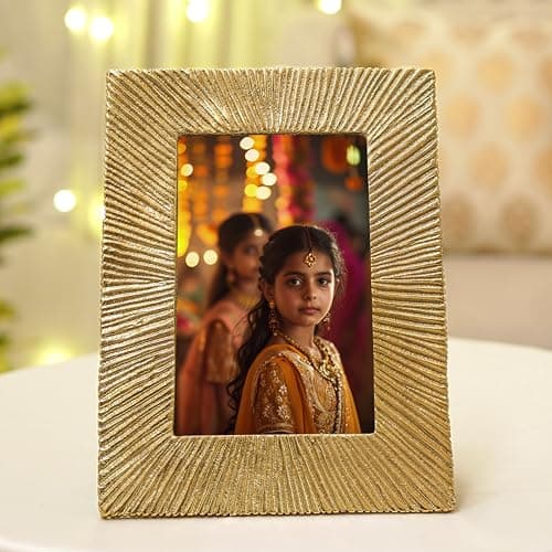 BEHOMA Antique Golden Metal Rectangular Photo Frame With Sunburst Design,Decorative Frames For Wall,Table,Living Room,Bedroom & Gifting,4X6 Inches,Best Gift For Birthday,Anniversary,Valentine's Day